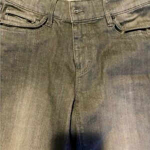 Ladies WHBM Gray jeans with leather trim.